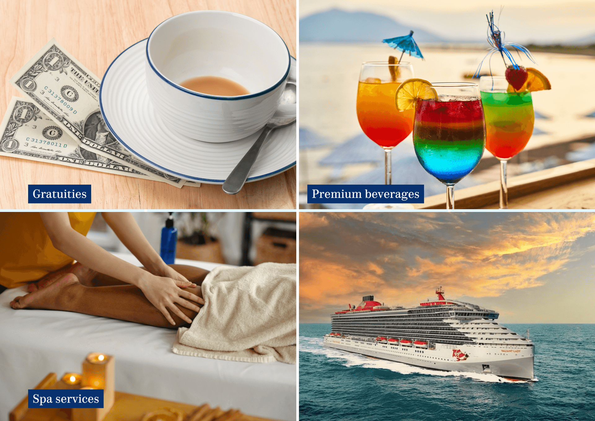 Collage showing gratuities, premium drinks, spa service, and a cruise ship at sea, highlighting optional cruise add-ons. Collage showing gratuities, premium drinks, spa service, and a cruise ship at sea, highlighting optional cruise add-ons.