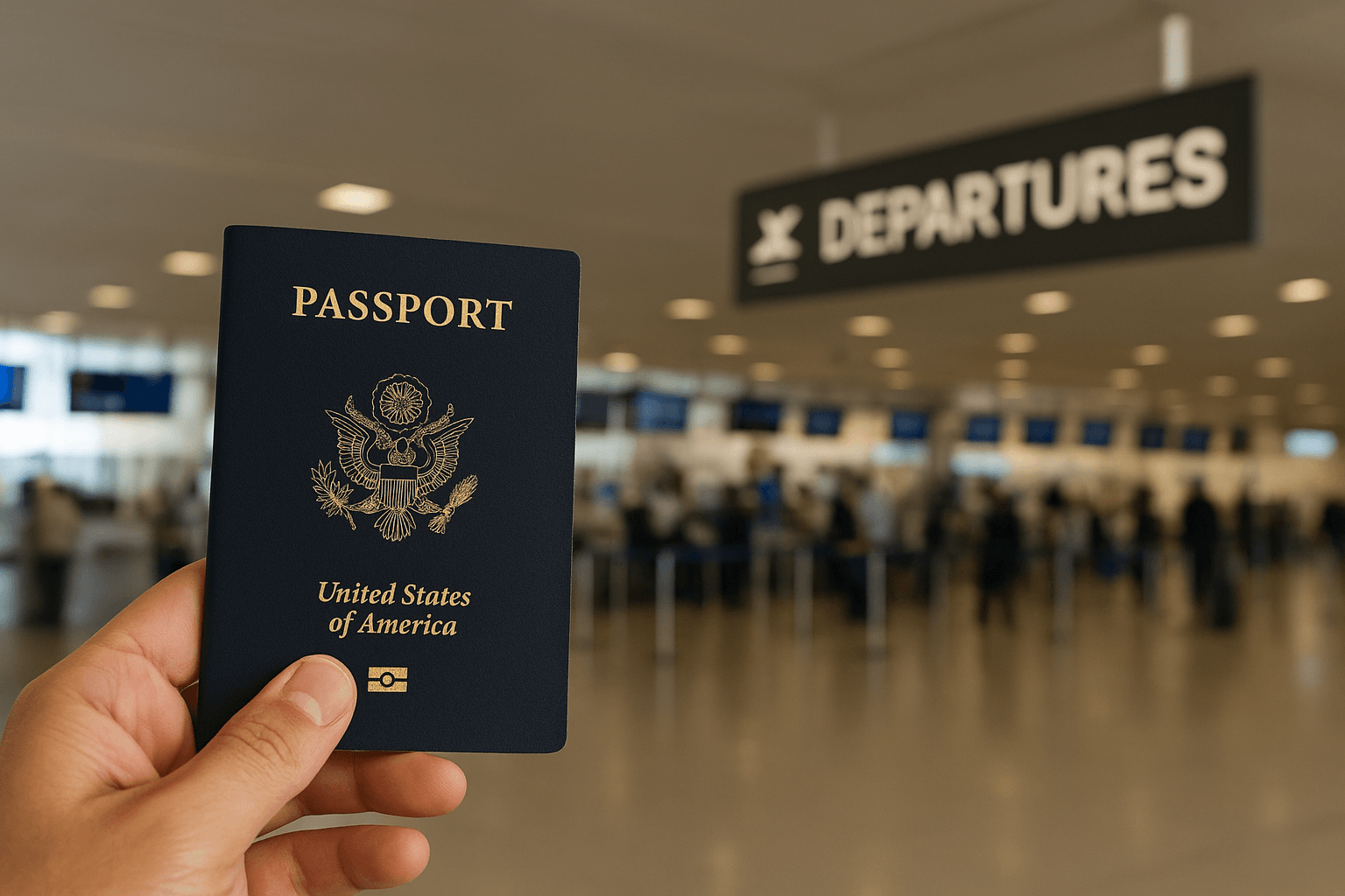 A close-up of a person holding a U.S. passport inside an airport terminal, with a blurred departures sign and passengers in the background. A close-up of a person holding a U.S. passport inside an airport terminal, with a blurred departures sign and passengers in the background.