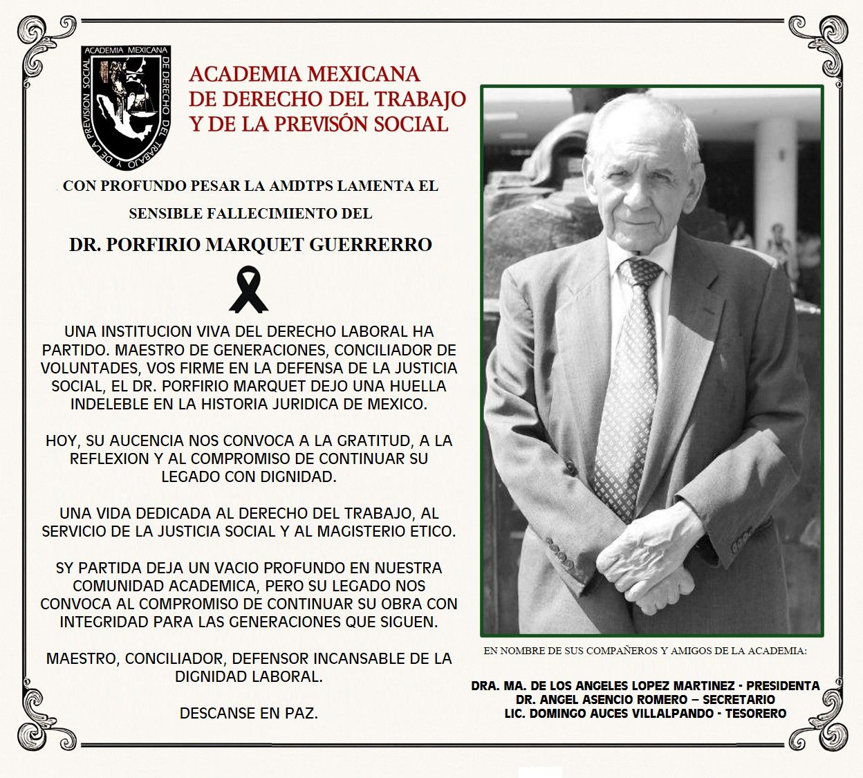 Honor al Académico en derecho del trabajo Dr. Porfirio Marquet Guerrero
