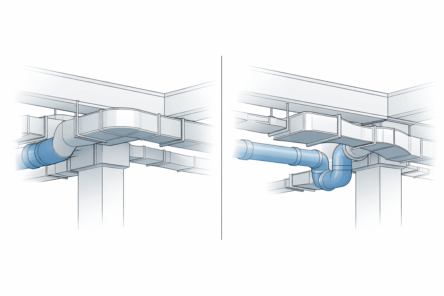“Split-screen technical illustration: left shows HVAC duct and plumbing pipe clashing with a concrete beam and column, tight ceiling void; right shows coordinated routing with offsets and clearances. Clean CAD-style linework, white background, high resolution, landscape, no labels.”