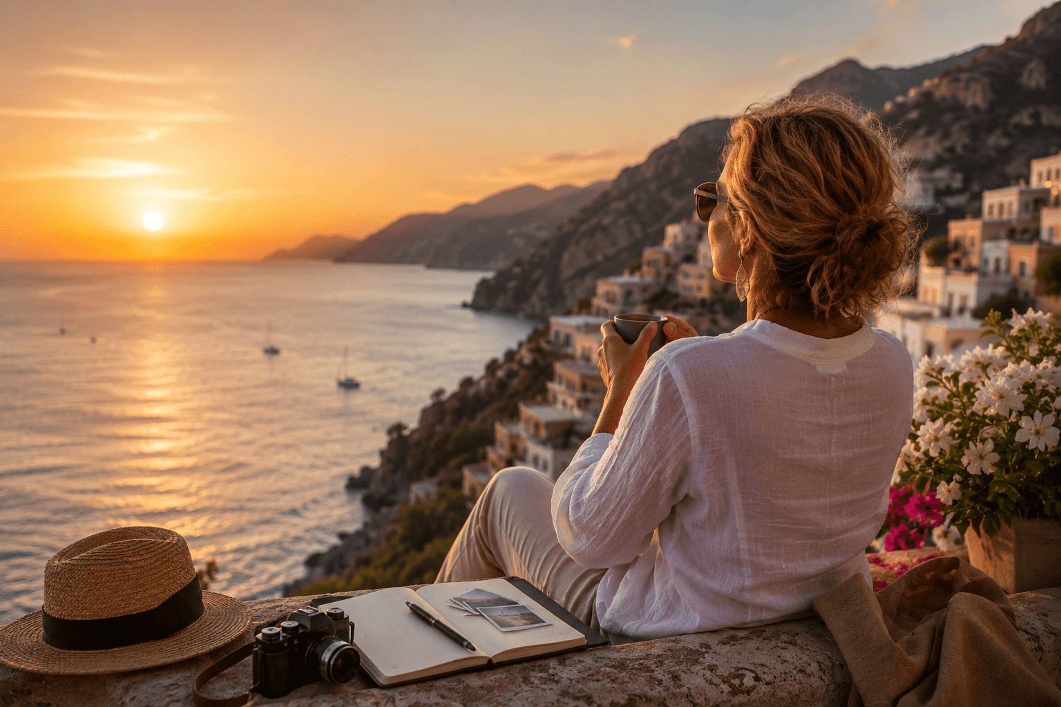 Woman relaxing on a coastal terrace at sunset with a journal and coffee, reflecting on the deeper meaning of travel after 45 while overlooking the sea. Woman relaxing on a coastal terrace at sunset with a journal and coffee, reflecting on the deeper meaning of travel after 45 while overlooking the sea.