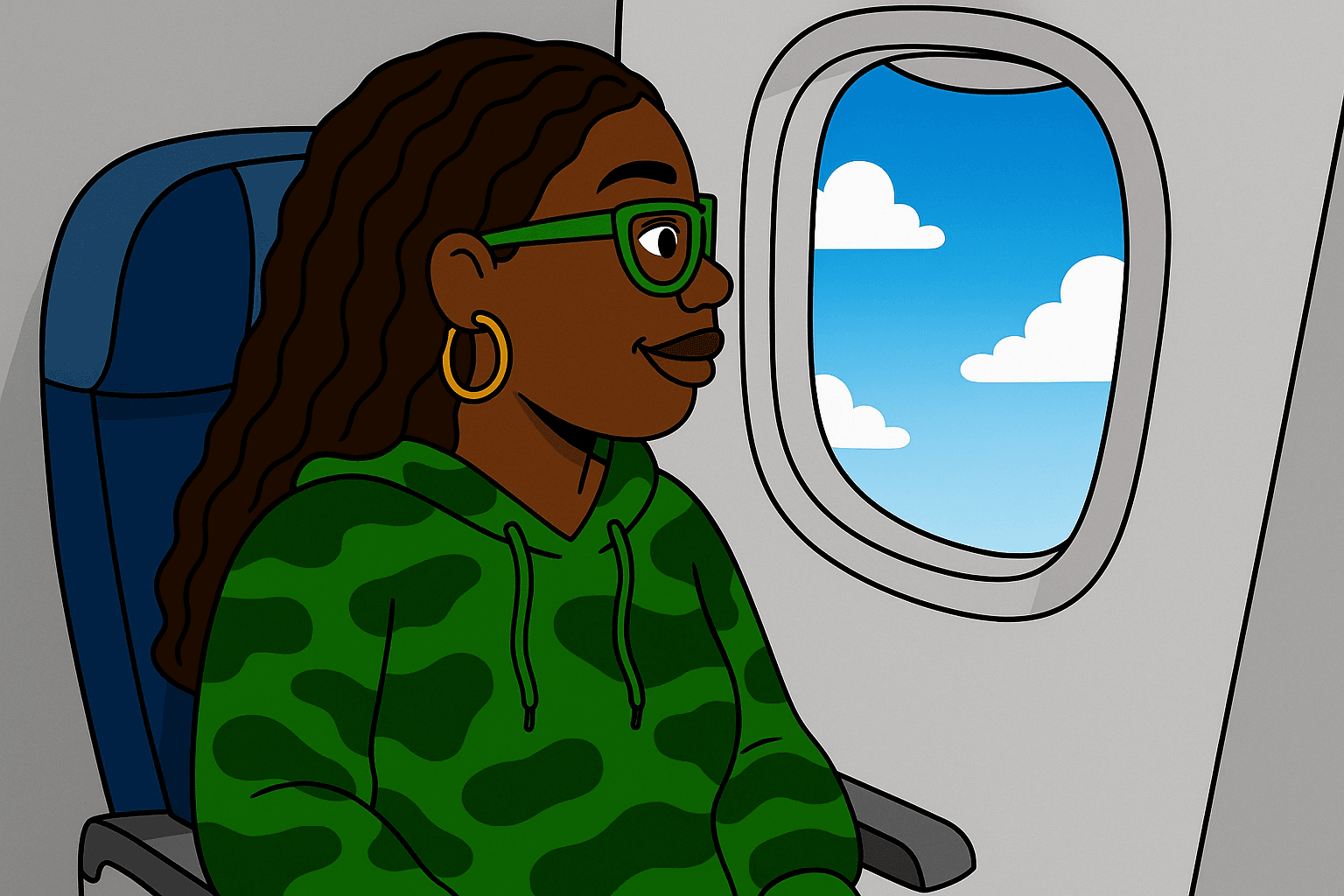 Black woman sitting on a plane looking out the window before landing in a new destination