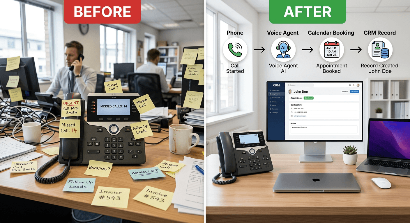 Split-screen showing “Before” missed call chaos and “After” a structured phone-to-scheduling workflow. Split-screen showing “Before” missed call chaos and “After” a structured phone-to-scheduling workflow.
