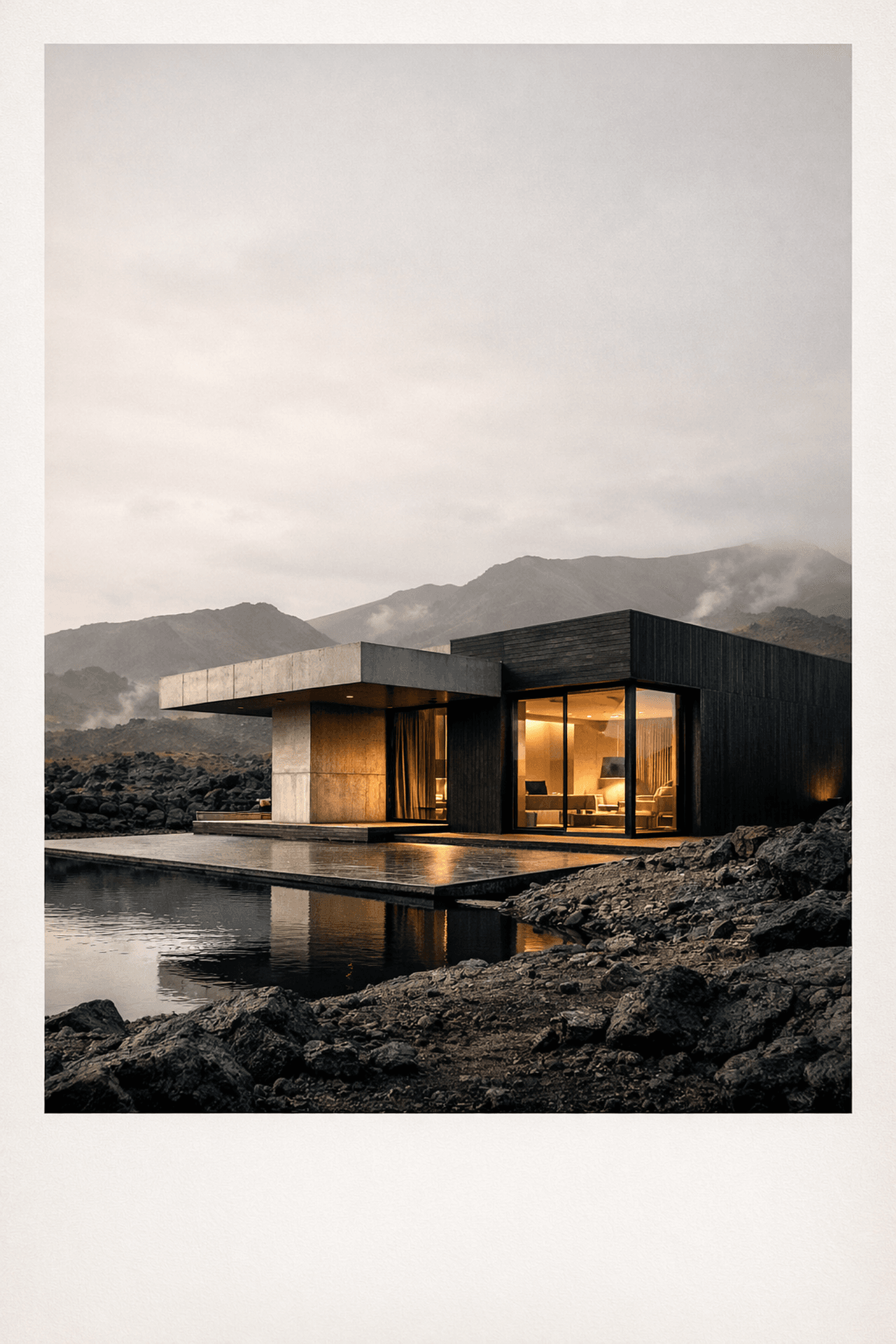 photographie minimaliste architecture dans paysage volcanique, maison béton et basalte photographie minimaliste architecture dans paysage volcanique, maison béton et basalte