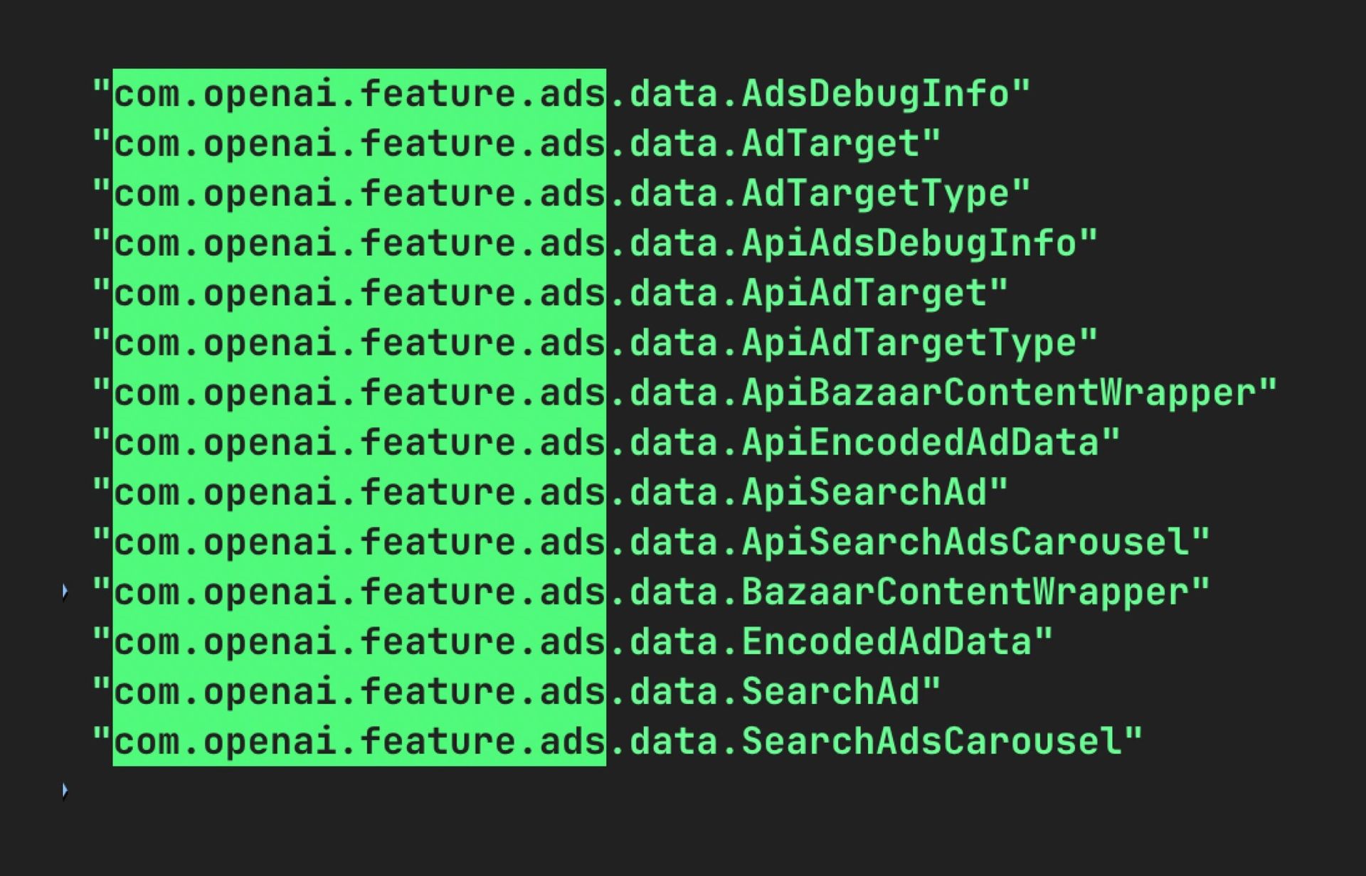 Ligne de code venant d'Open AI montrant des ajouts de lignes pour des régies publicitaires. Ligne de code venant d'Open AI montrant des ajouts de lignes pour des régies publicitaires.
