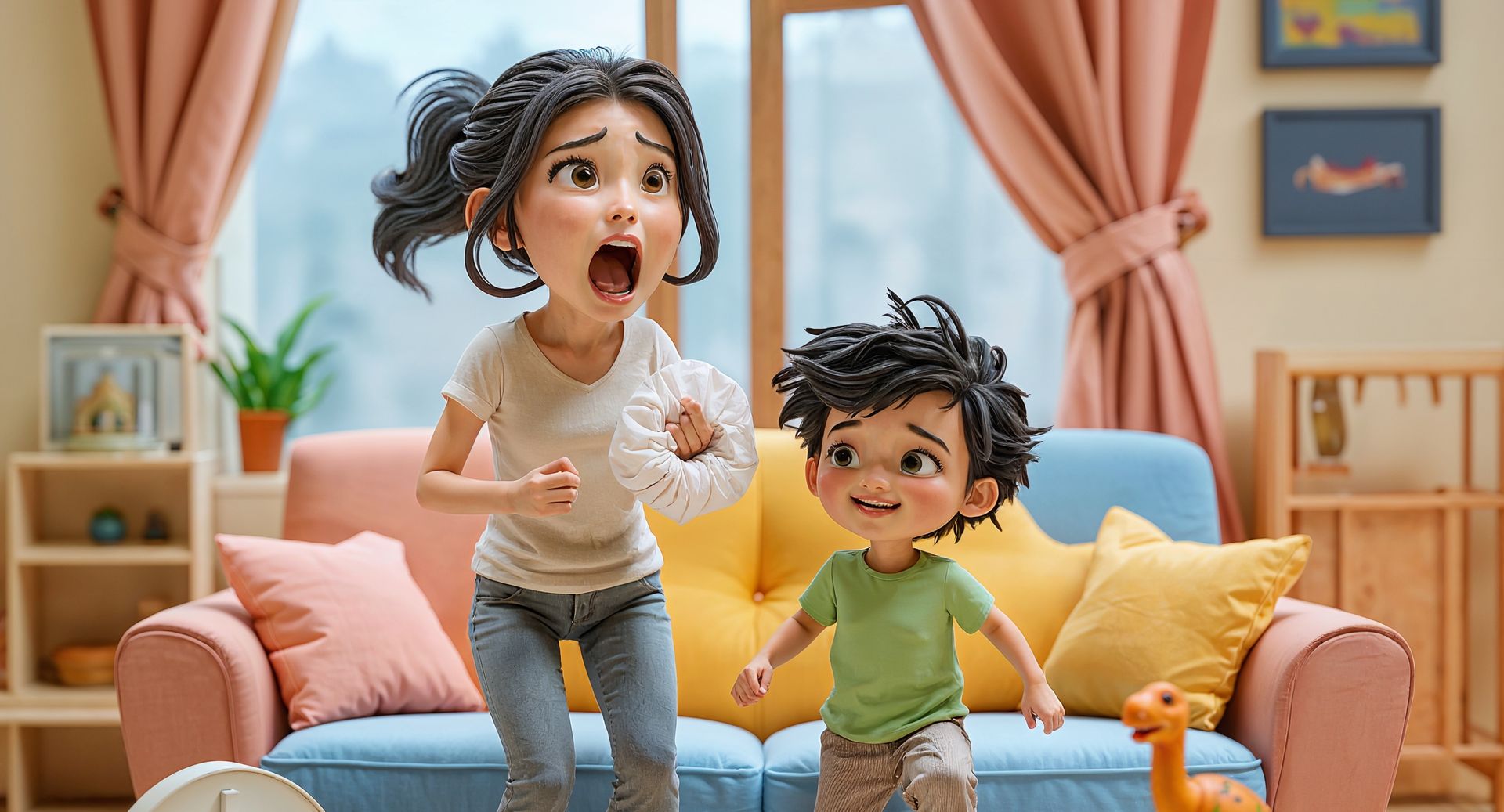 Animated scene of a mum shouting in surprise while her young son smiles playfully in a bright living room with pastel furniture and warm sunlight, capturing the chaos and humour of real family life.