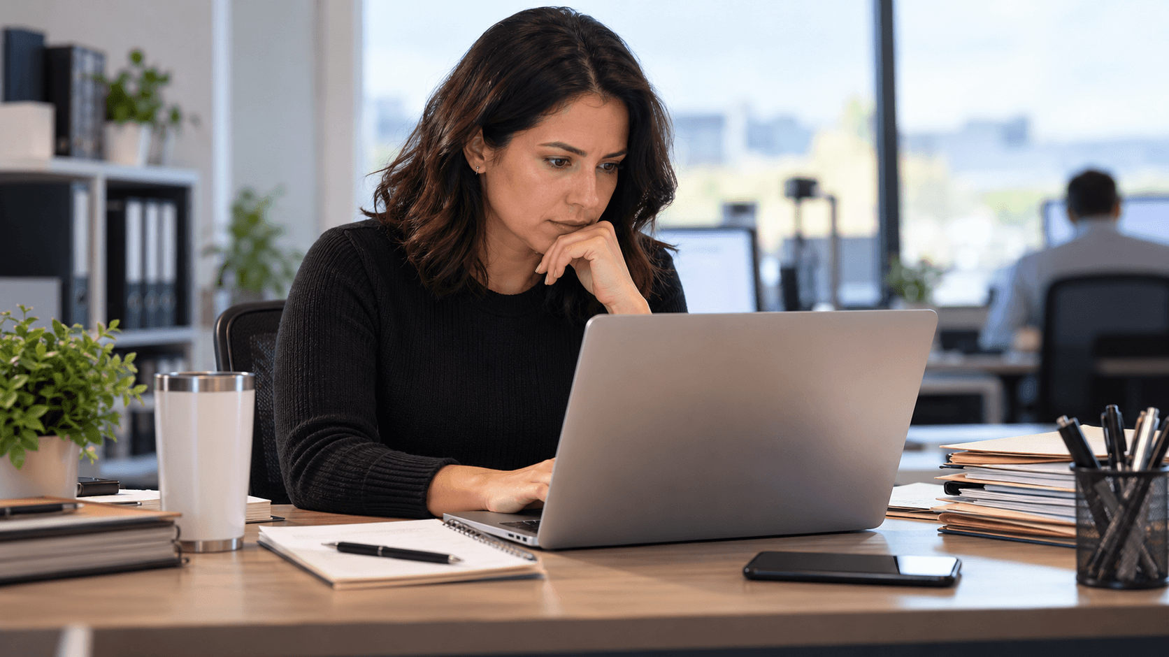 Office employee working on a laptop surrounded by business documents and everyday work materials. Office employee working on a laptop surrounded by business documents and everyday work materials.