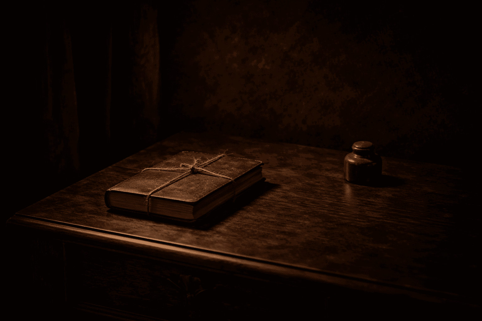 dark bedside table with a leather journal and minimal objects in soft lighting dark bedside table with a leather journal and minimal objects in soft lighting