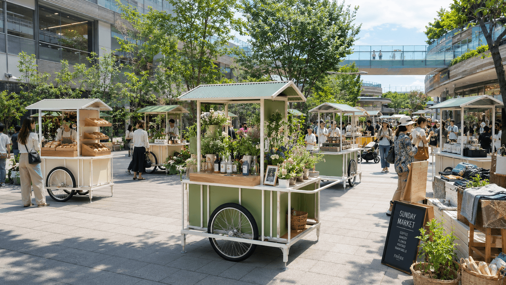 特注の組立式屋台・移動式什器をマルシェで活用したイメージ 特注の組立式屋台・移動式什器をマルシェで活用したイメージ