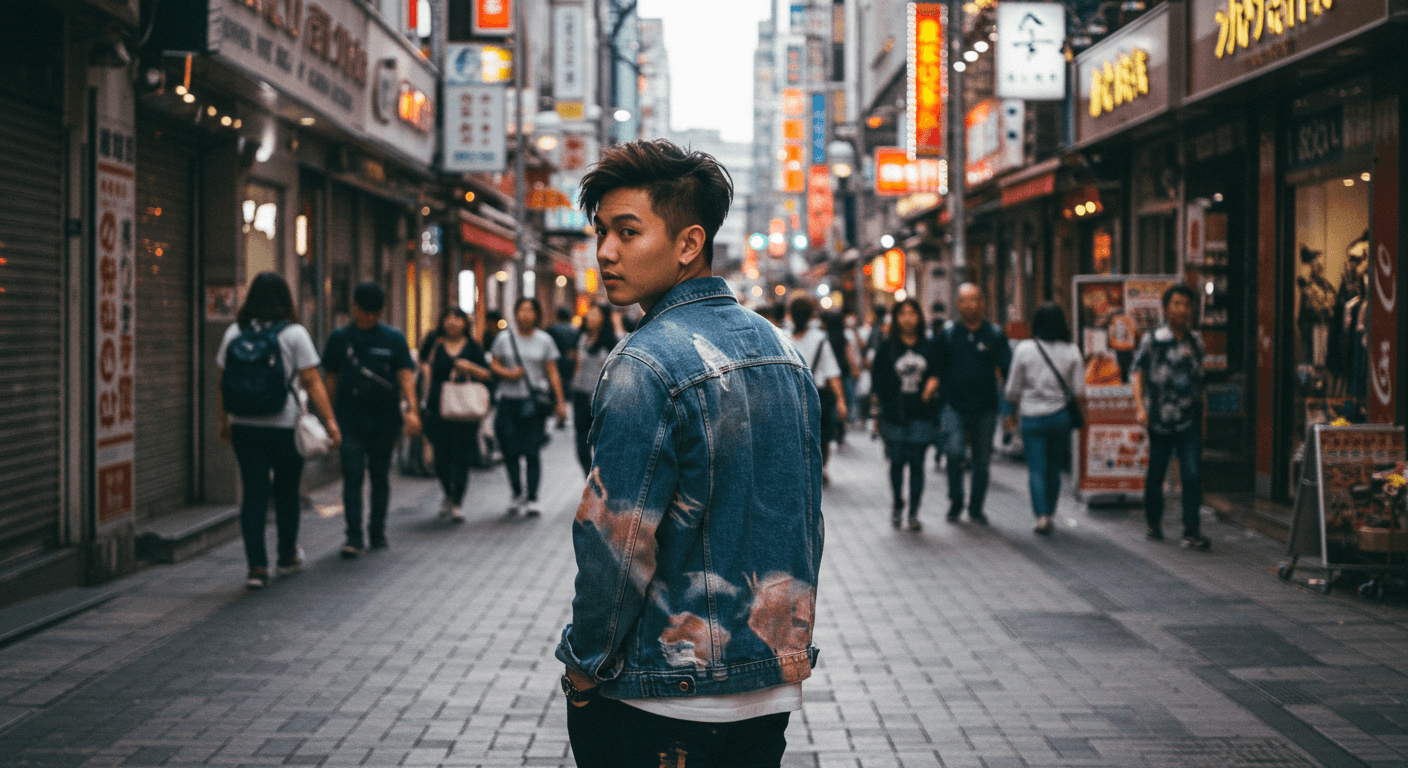 Homem de jaqueta jeans em rua movimentada de cidade asiática, cercado por pessoas e luzes de lojas. Homem de jaqueta jeans em rua movimentada de cidade asiática, cercado por pessoas e luzes de lojas.