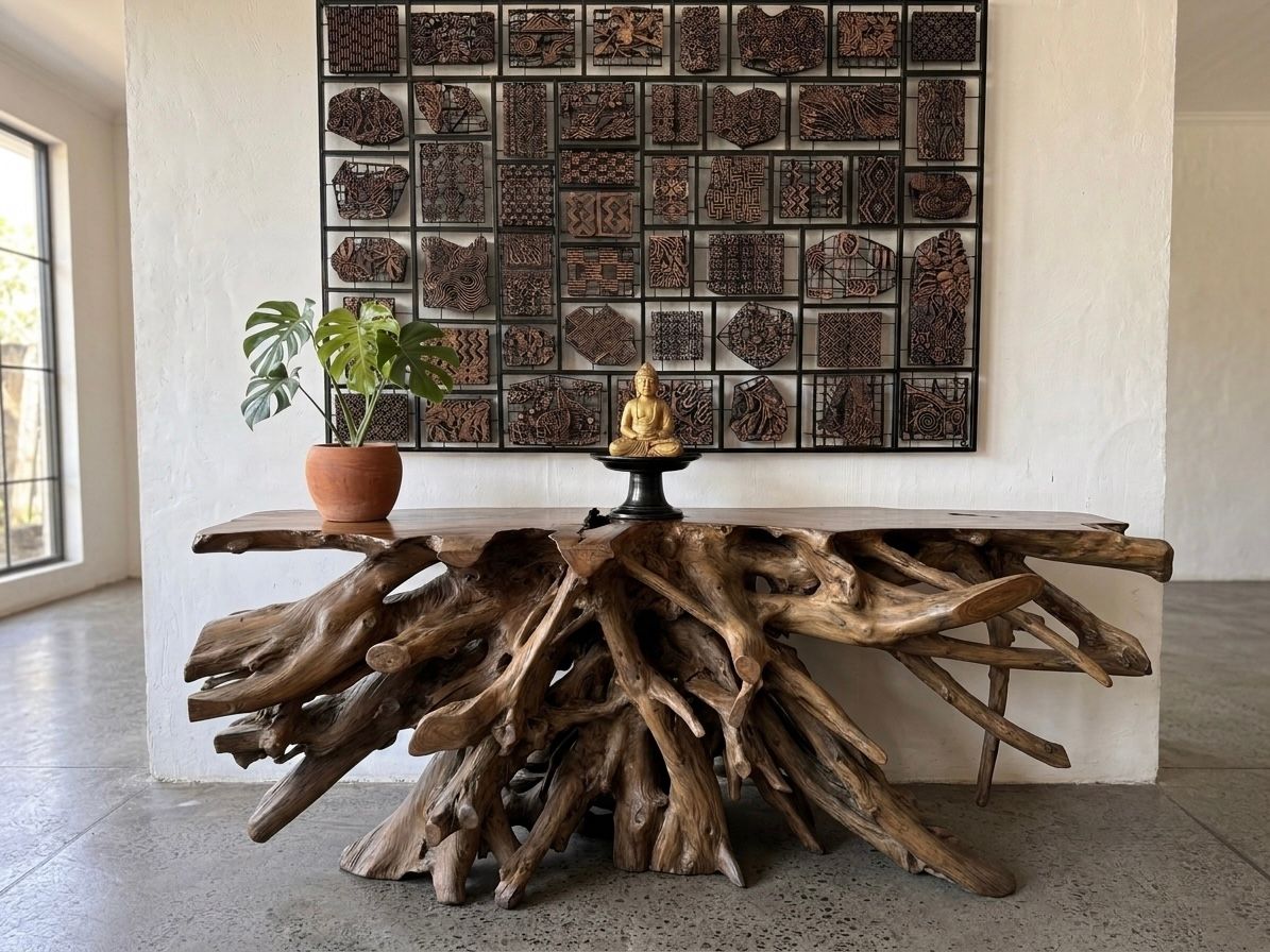 A long console table built on a whole teak root base, styled with a monstera plant and a small gold Buddha statue against a wall of carved wooden block art. A long console table built on a whole teak root base, styled with a monstera plant and a small gold Buddha statue against a wall of carved wooden block art.