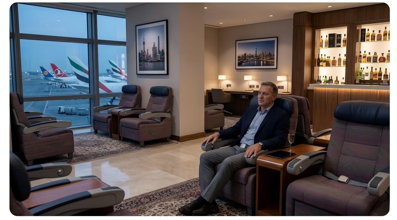 Traveler receives real-time flight delay alert and lounge booking offer in mobile app