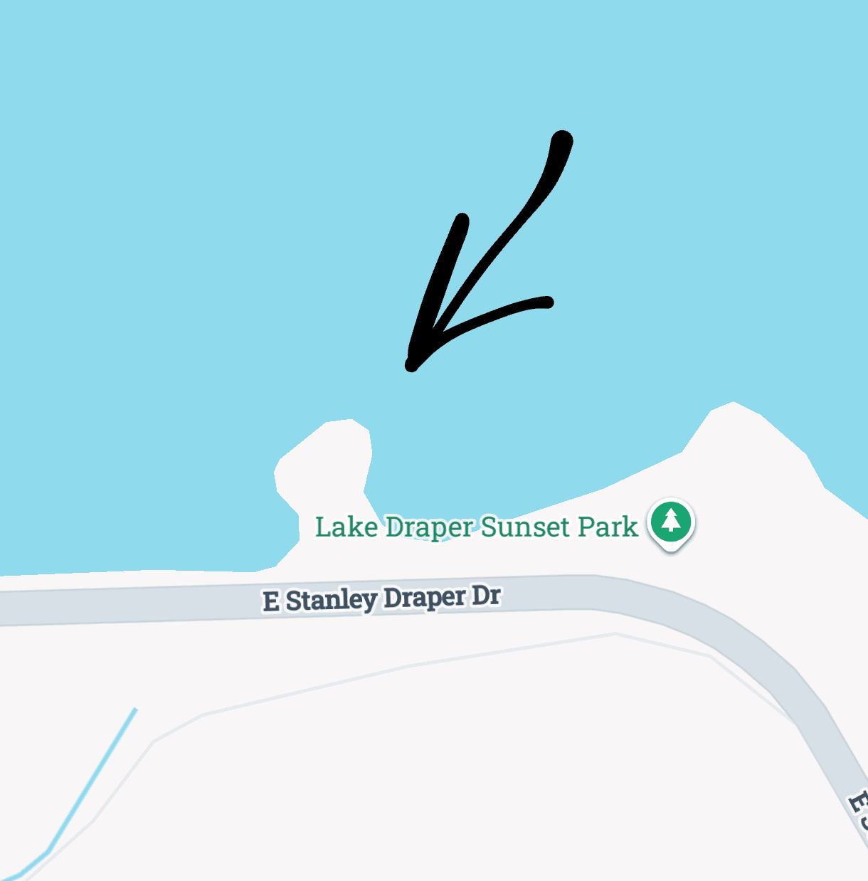 A Google map image of point 23 at Stanley Draper lake with an arrow pointing to the location with barite rose rocks A Google map image of point 23 at Stanley Draper lake with an arrow pointing to the location with barite rose rocks