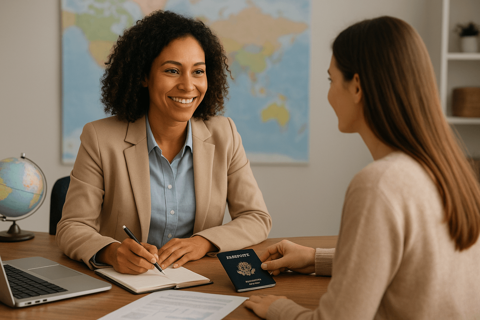 A smiling travel advisor speaks with a client across a desk, with a laptop, globe, and world map in the background during a planning session. A smiling travel advisor speaks with a client across a desk, with a laptop, globe, and world map in the background during a planning session.