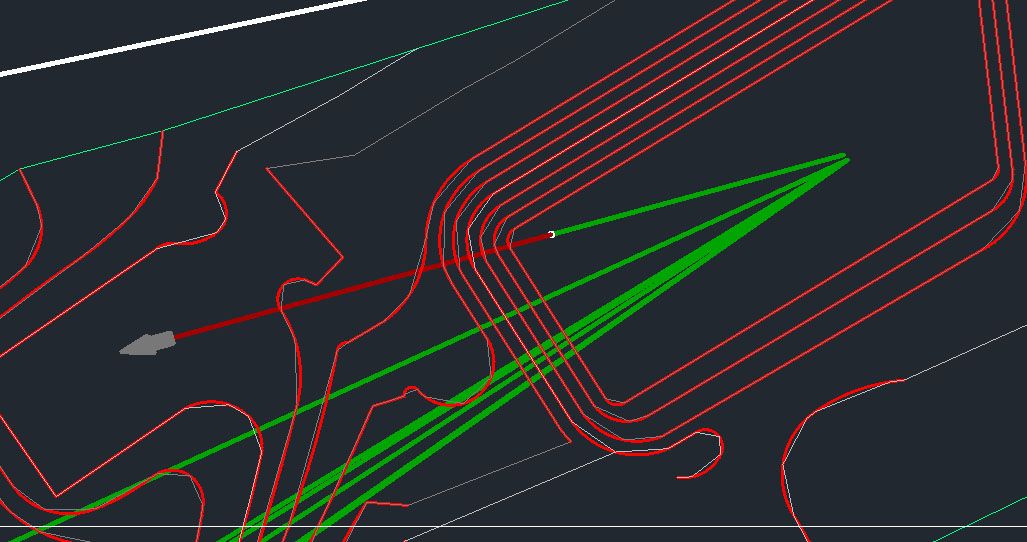 AutoCAD Civil 3D screenshot of Green paths represent visible pathways. White dot then red line shows points where a feature is blocking visibility.