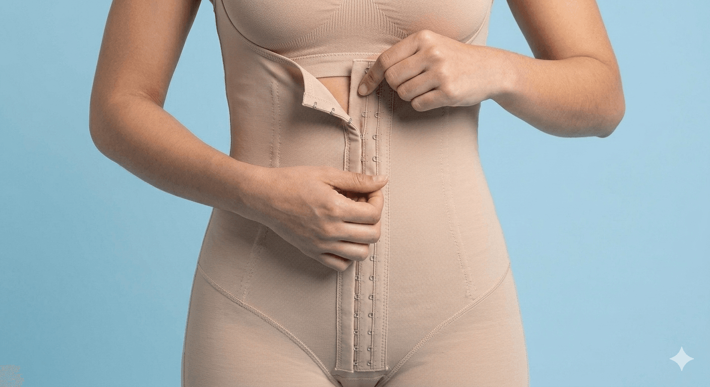 Fotografía de una mujer fajandose y cuestionando ¿cuánto tiempo debo usar faja después de una lipoabdominoplastia?