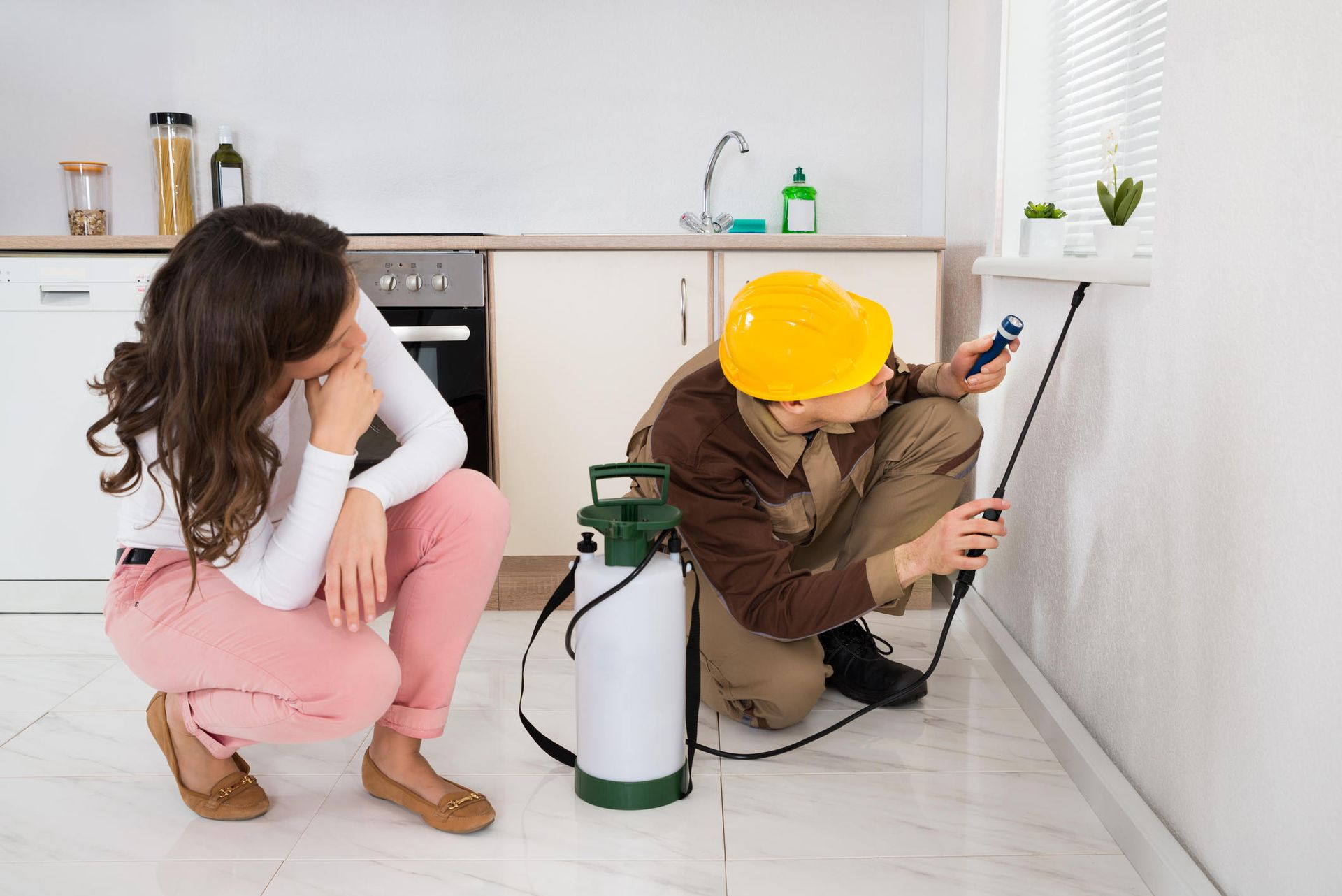 “Licensed pest control technician inspecting a home” “Licensed pest control technician inspecting a home”