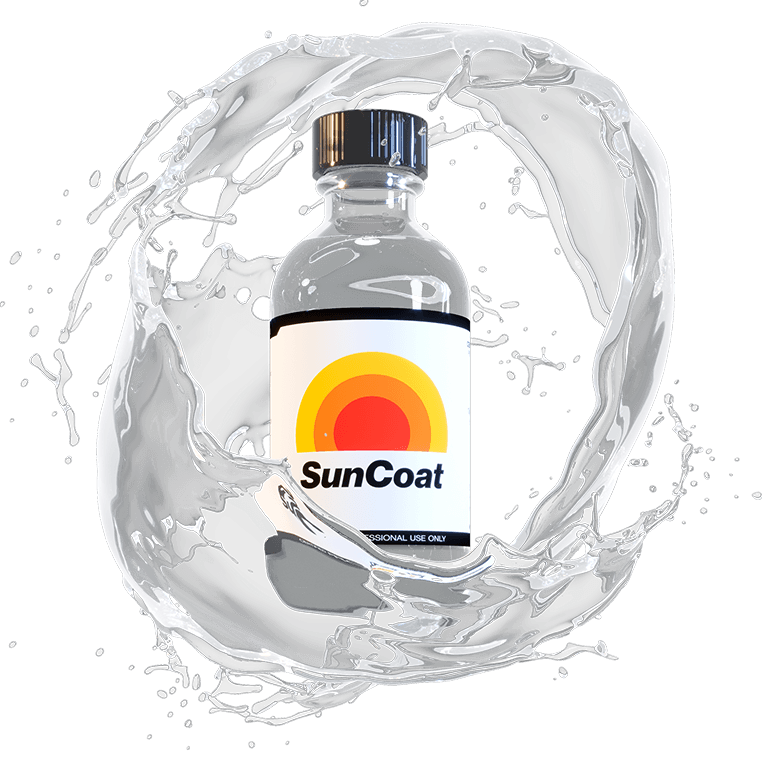 Bottle labeled 'SunCoat' surrounded by a water splash.