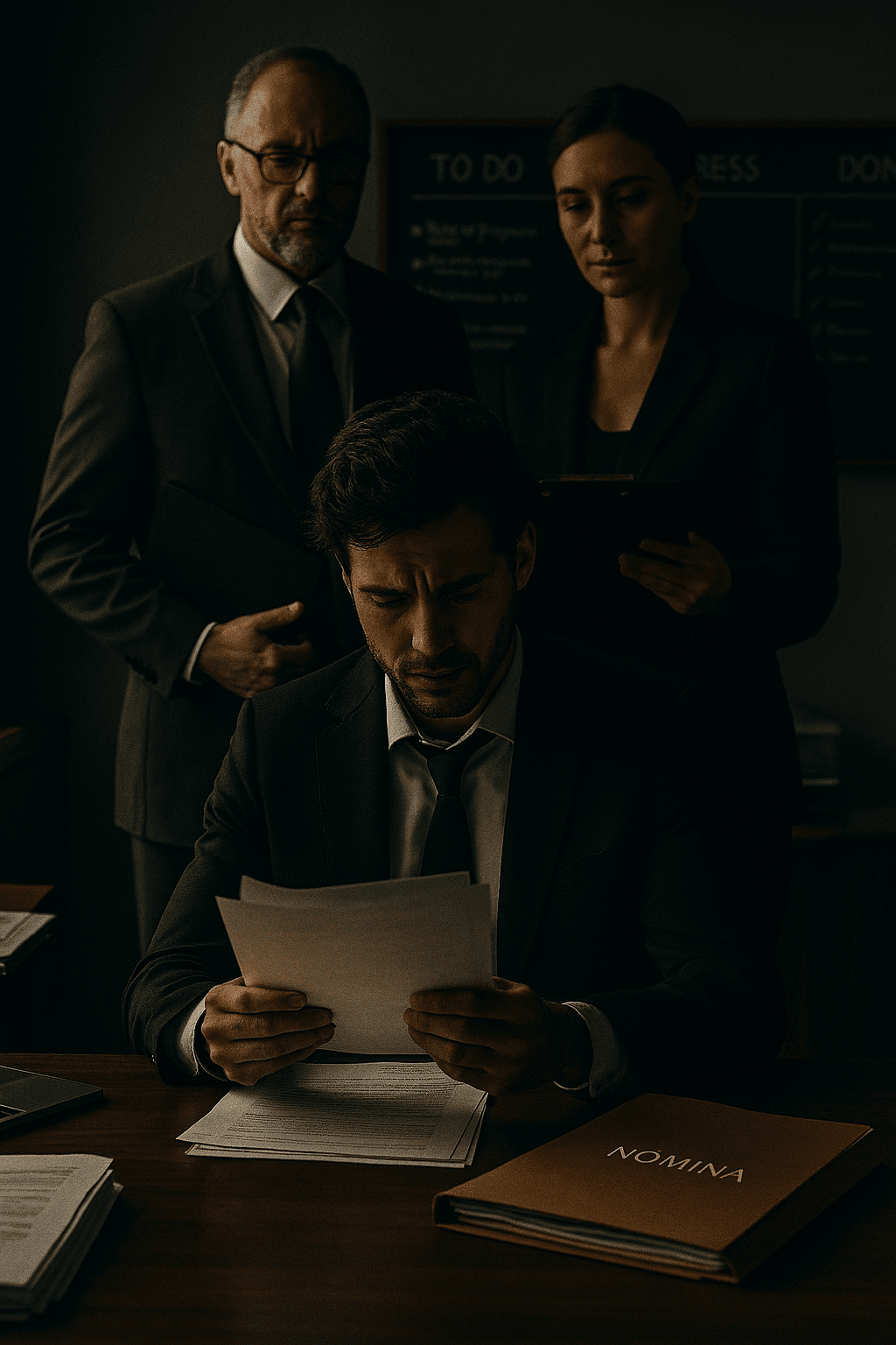 Joven empresario revisando documentos laborales con expresión preocupada en oficina cálida, carpeta de nómina y balanza dorada al fondo.