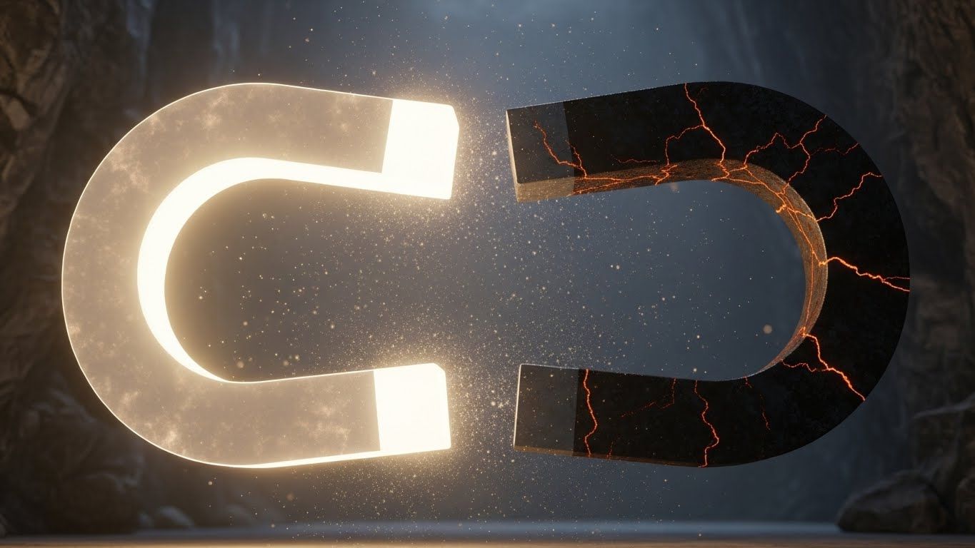 Dois ímãs flutuam, um luminoso e outro rachado e escuro, representando atração desequilibrada e conexões que não se completam. Dois ímãs flutuam, um luminoso e outro rachado e escuro, representando atração desequilibrada e conexões que não se completam.