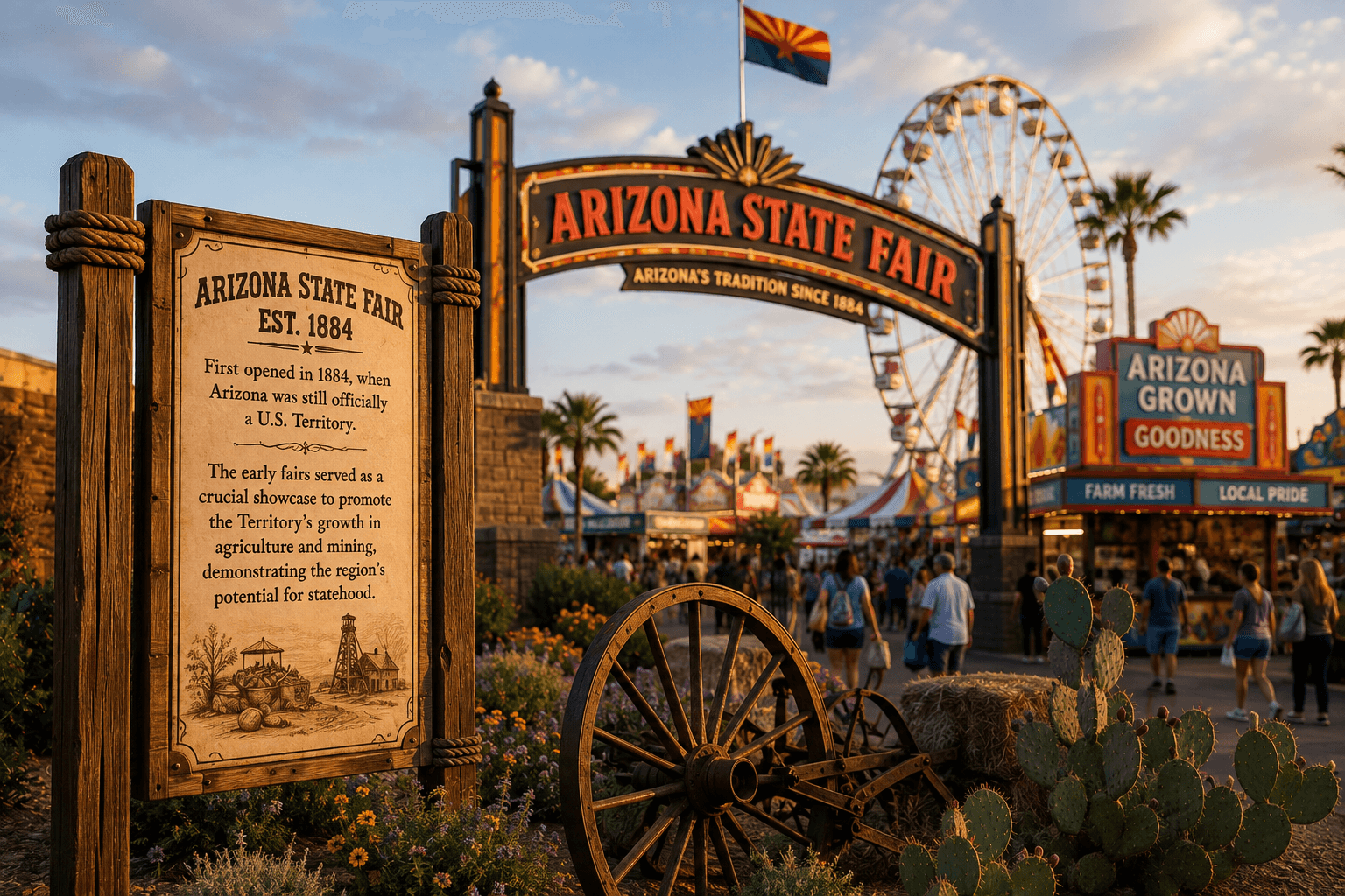 Arizona State Fair entrance at Golden Hour with fariswheel and sign Arizona State Fair entrance at Golden Hour with fariswheel and sign