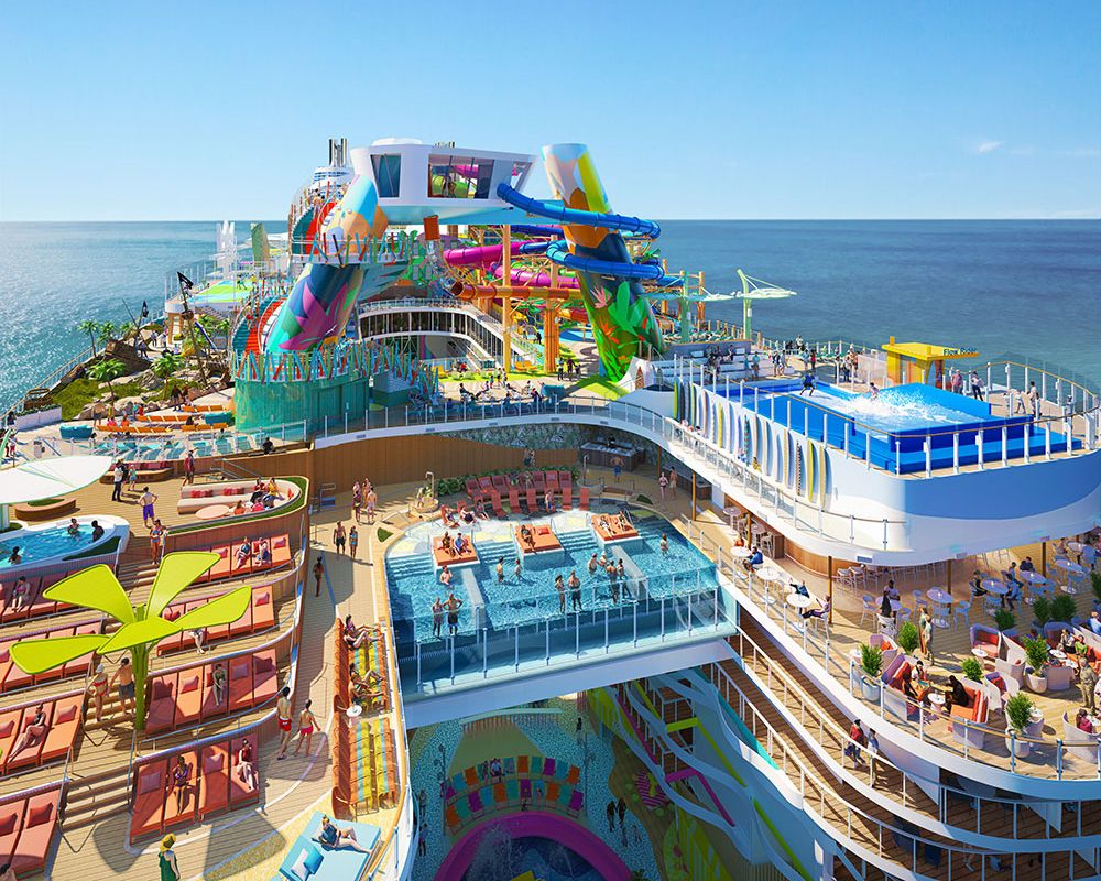 Colorful cruise ship deck with waterslides, pools, and ocean views full of guests enjoying activities and relaxation.