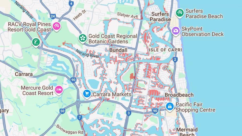 If modelling is anything to go by, Gold Coast beaches and suburbs could expect more flooding in the years ahead. Source: Climate Central. If modelling is anything to go by, Gold Coast beaches and suburbs could expect more flooding in the years ahead. Source: Climate Central.