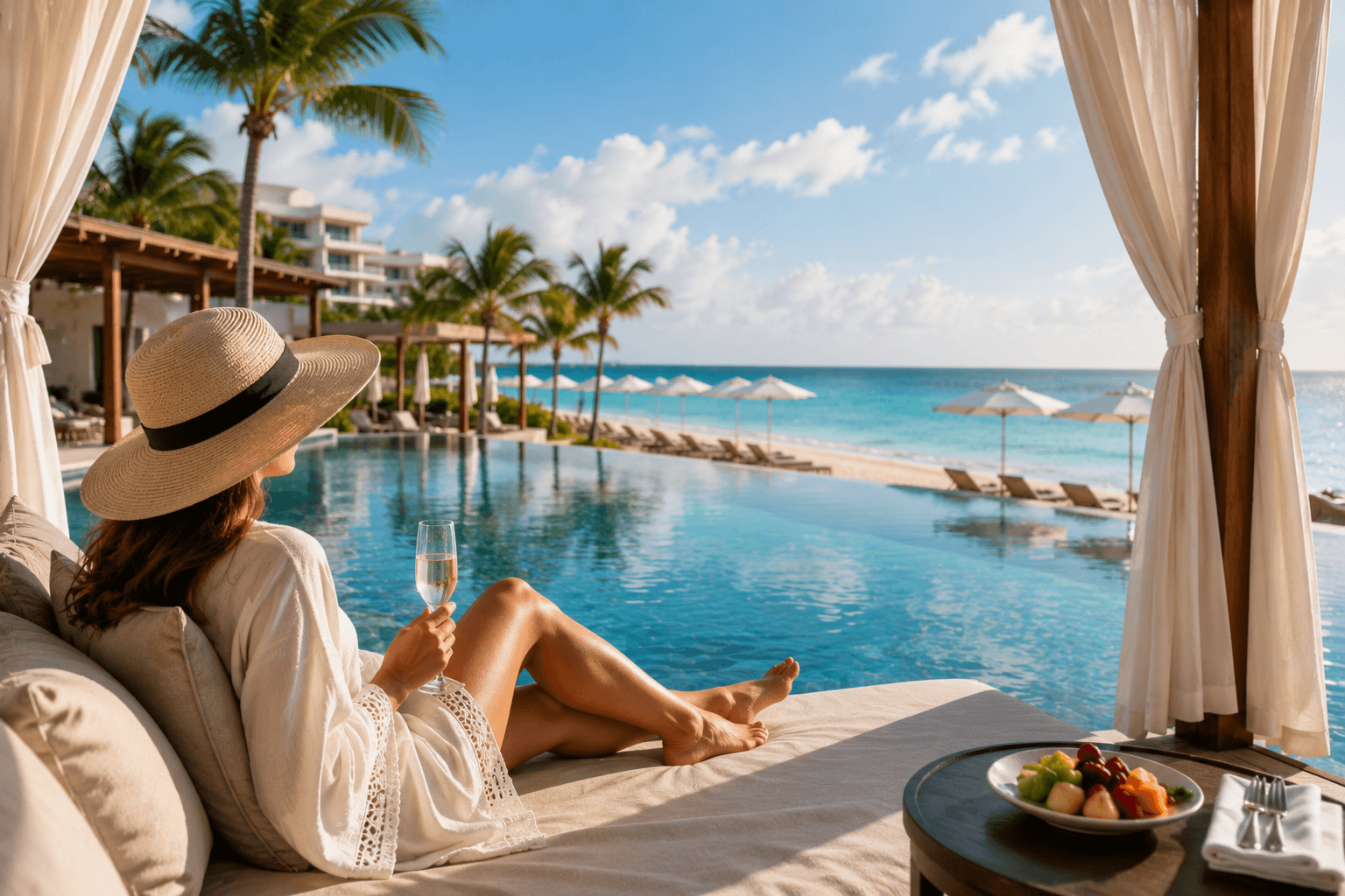 Woman relaxing in a private cabana overlooking an infinity pool and the turquoise Caribbean Sea at a luxury all-inclusive resort in Cancun, with gourmet amenities and beachfront views. Woman relaxing in a private cabana overlooking an infinity pool and the turquoise Caribbean Sea at a luxury all-inclusive resort in Cancun, with gourmet amenities and beachfront views.