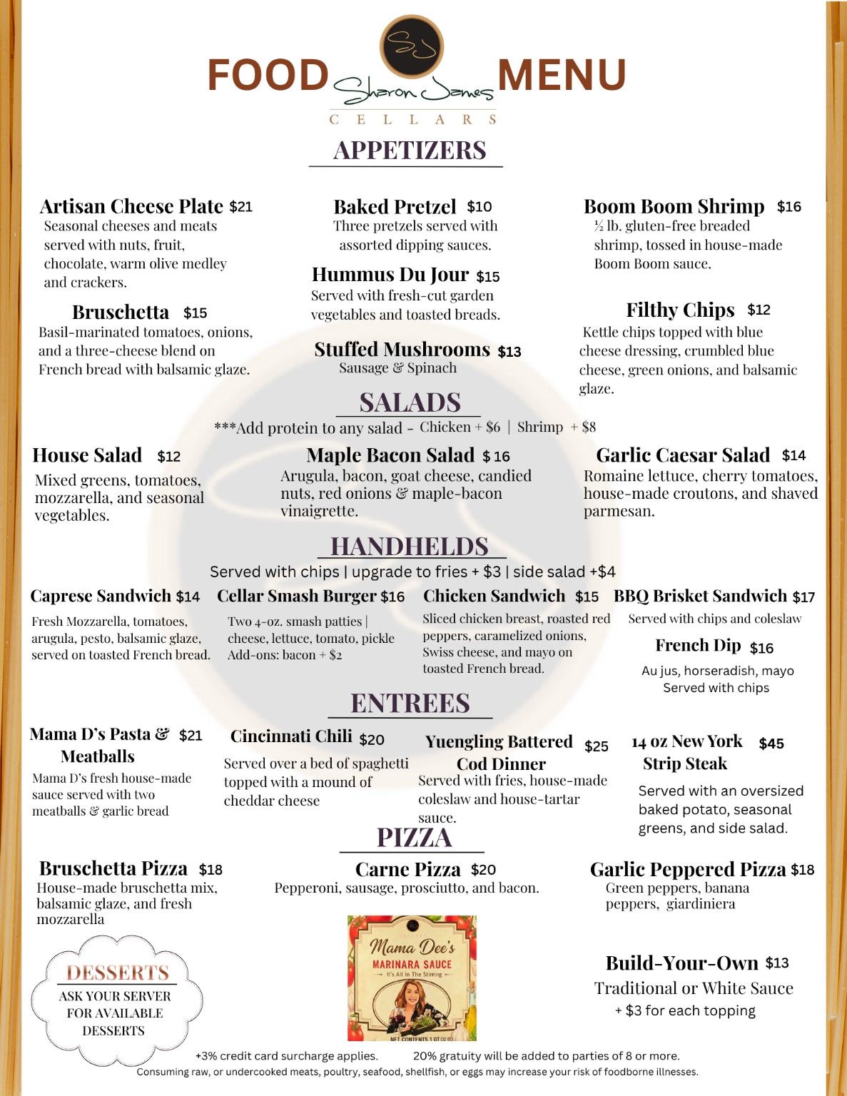 Sharon James Cellars full food menu with prices