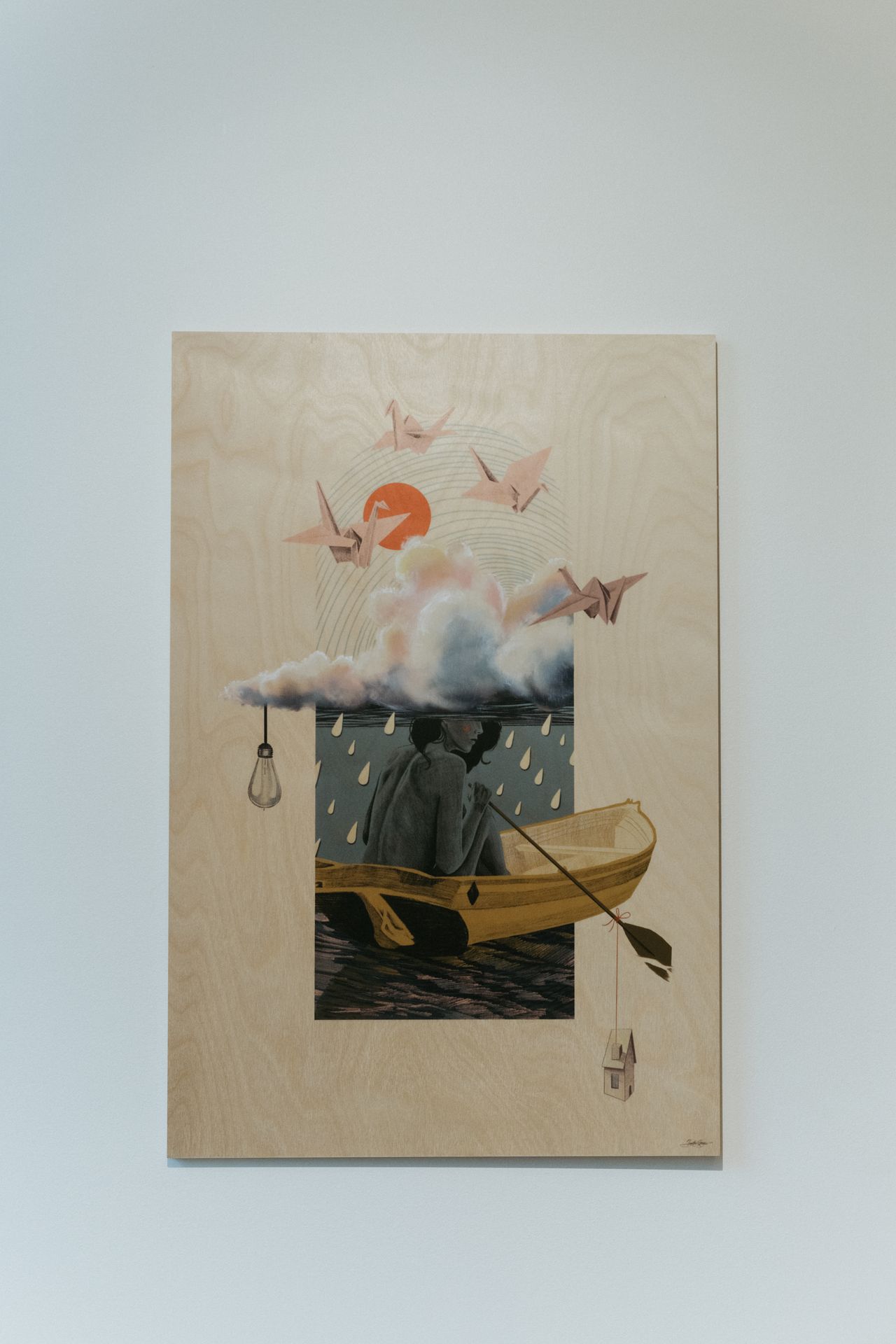 Surrealist mixed media on wood by Jane the Stranger — figure rowing beneath storm cloud and origami cranes, lightbulb and miniature house hanging from oar, Private Collection