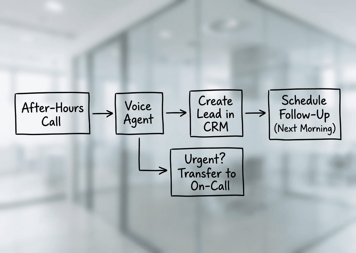Flowchart showing After-Hours Call → Voice Agent → Create Lead in CRM → Schedule Follow-Up (Next Morning). Flowchart showing After-Hours Call → Voice Agent → Create Lead in CRM → Schedule Follow-Up (Next Morning).