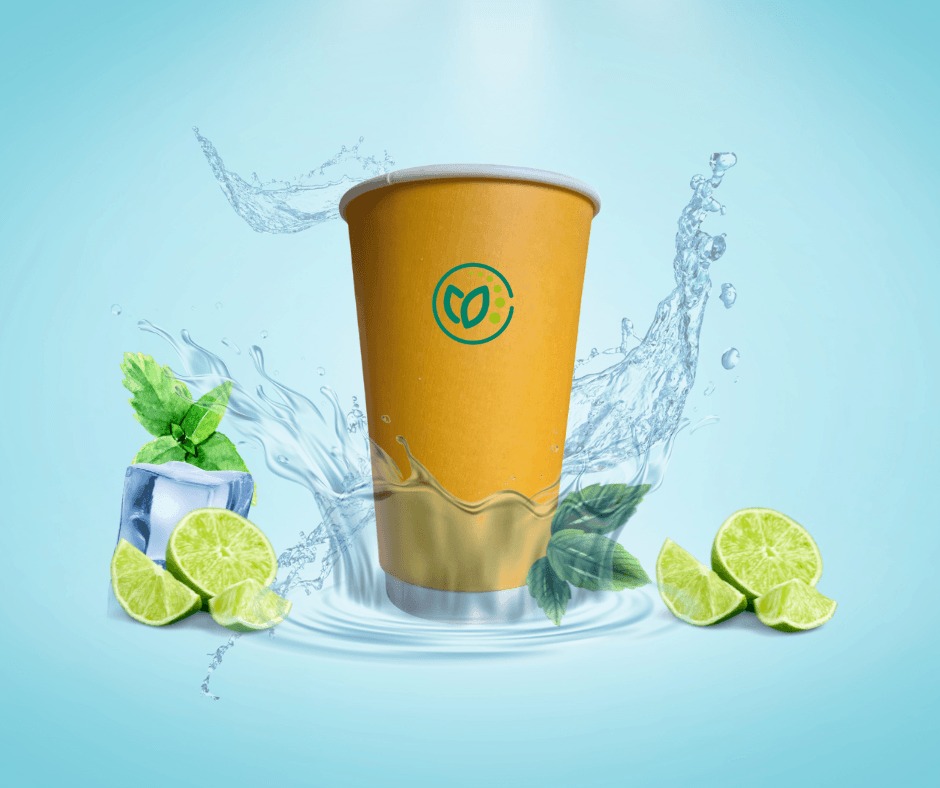 Sustainable compostable paper cups in use at a café – luxury design packaging solution for HORECA private label brands.