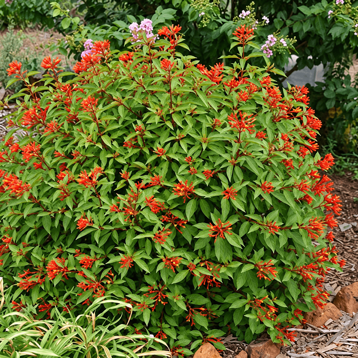 Dwarf Firebush growing as a compact flowering shrub in a Florida landscape Dwarf Firebush growing as a compact flowering shrub in a Florida landscape