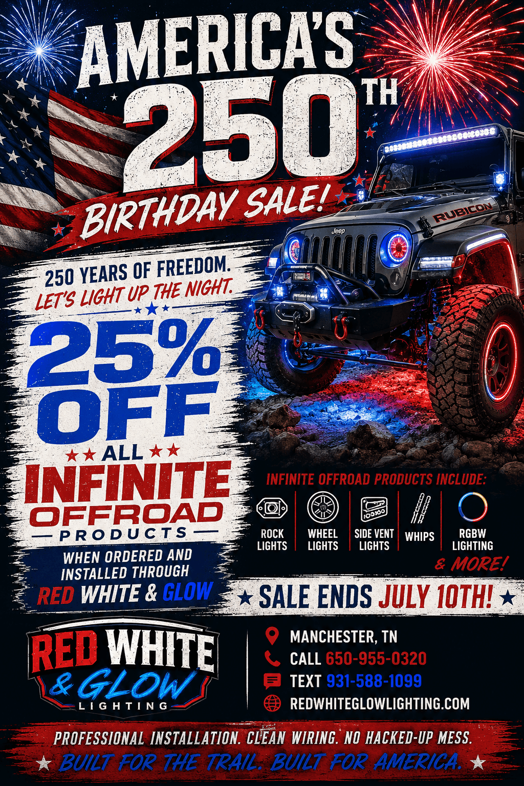 America's 250th Birthday Sale 25 percent off Infinite Offroad products through Red White and Glow