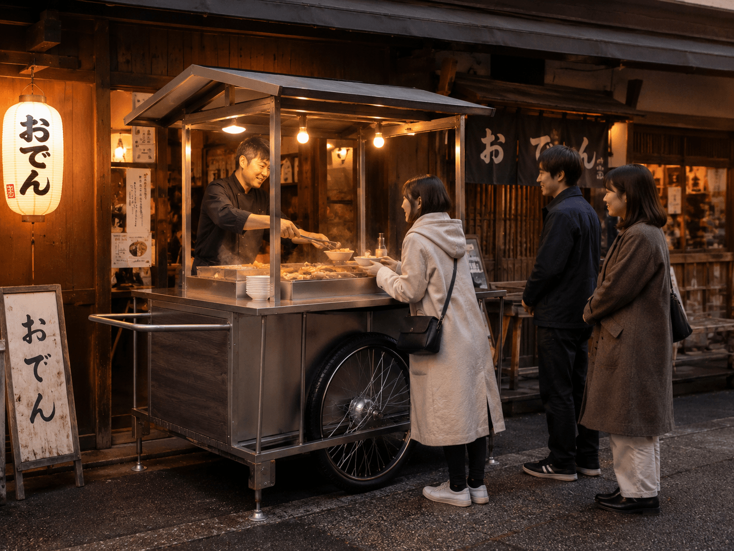 特注スチール屋台を飲食店前のおでん販売に活用したイメージ 特注スチール屋台を飲食店前のおでん販売に活用したイメージ