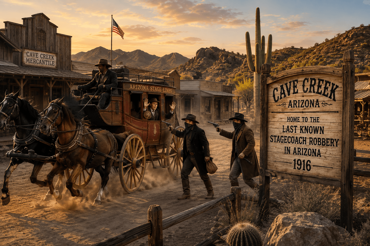 Historical-style depiction of Arizona’s last known stagecoach robbery in 1916, set against the rugged desert landscape associated with Cave Creek, Arizona. Historical-style depiction of Arizona’s last known stagecoach robbery in 1916, set against the rugged desert landscape associated with Cave Creek, Arizona.