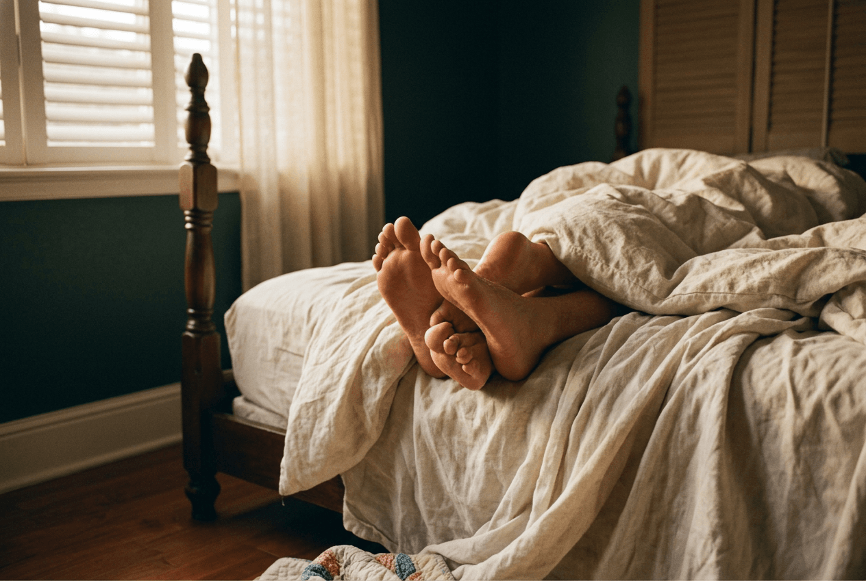 Two pairs of bare feet resting on rumpled white bed sheets in warm afternoon light