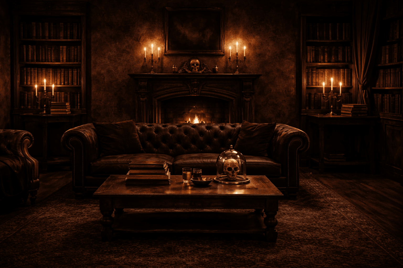 gothic living room with a restrained palette of charcoal, brown, and muted tones in a cohesive composition