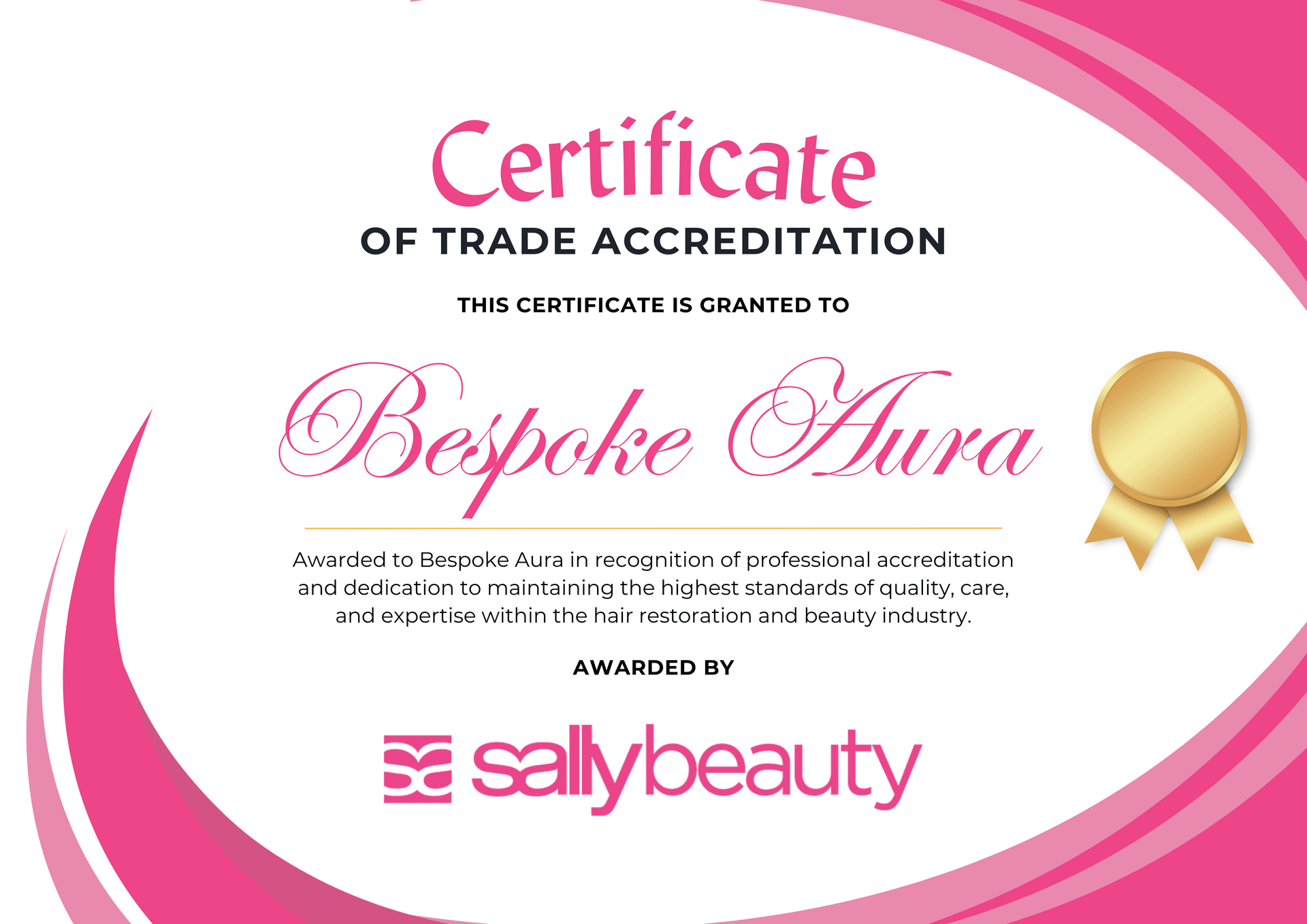 certificate of Bespoke Aura Hair Restoration Clinic partnering with Salon Shelf