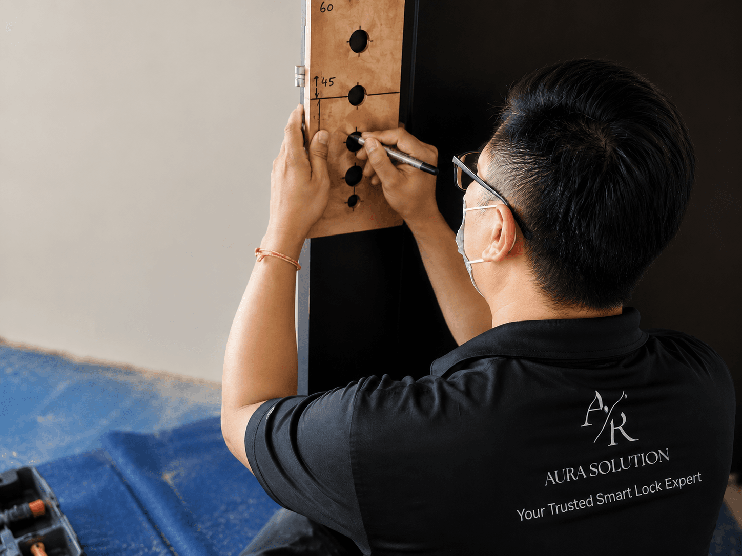Aura Smart Solution technician installing a smart lock in Malaysia
