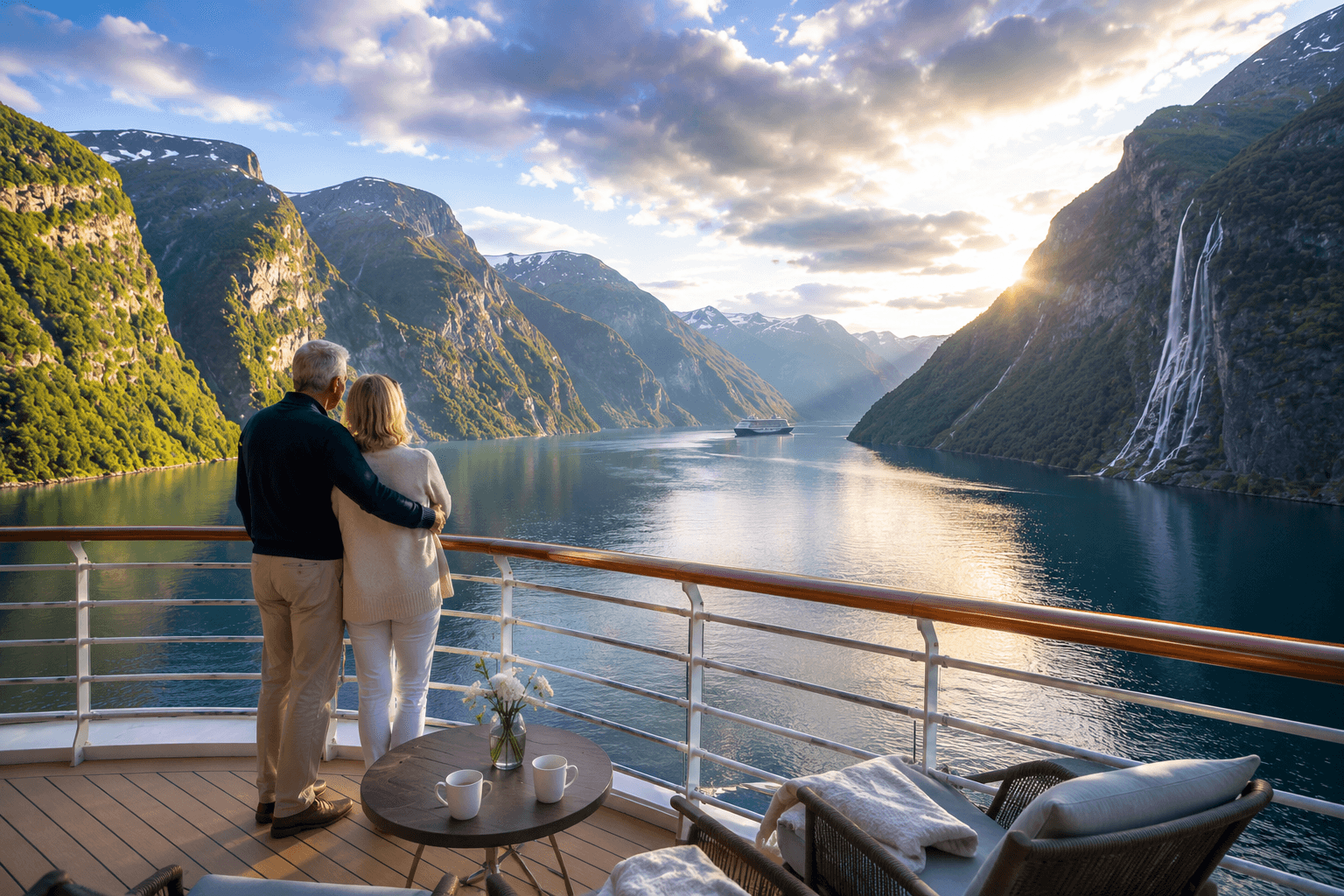 A couple stands together on a cruise ship deck, admiring Norway's majestic fjords, cascading waterfalls, and towering mountains bathed in warm evening light.