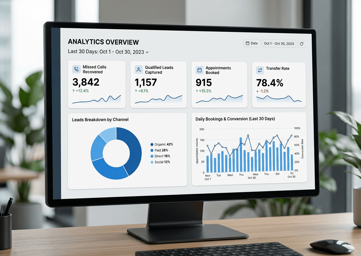 Analytics dashboard showing cards for missed calls recovered, qualified leads captured, appointments booked, and transfer rate. Analytics dashboard showing cards for missed calls recovered, qualified leads captured, appointments booked, and transfer rate.