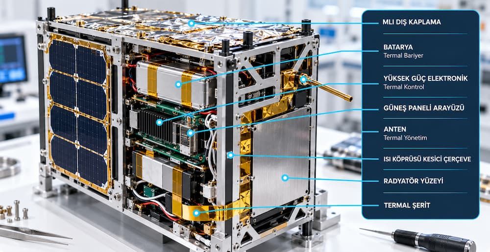 CubeSat infografiği: MLI dış kaplama, batarya termal bariyeri, yüksek güç elektroniği, güneş paneli arayüzü, anten, ısı köprüsü kesici çerçeve, radyatör ve termal şerit