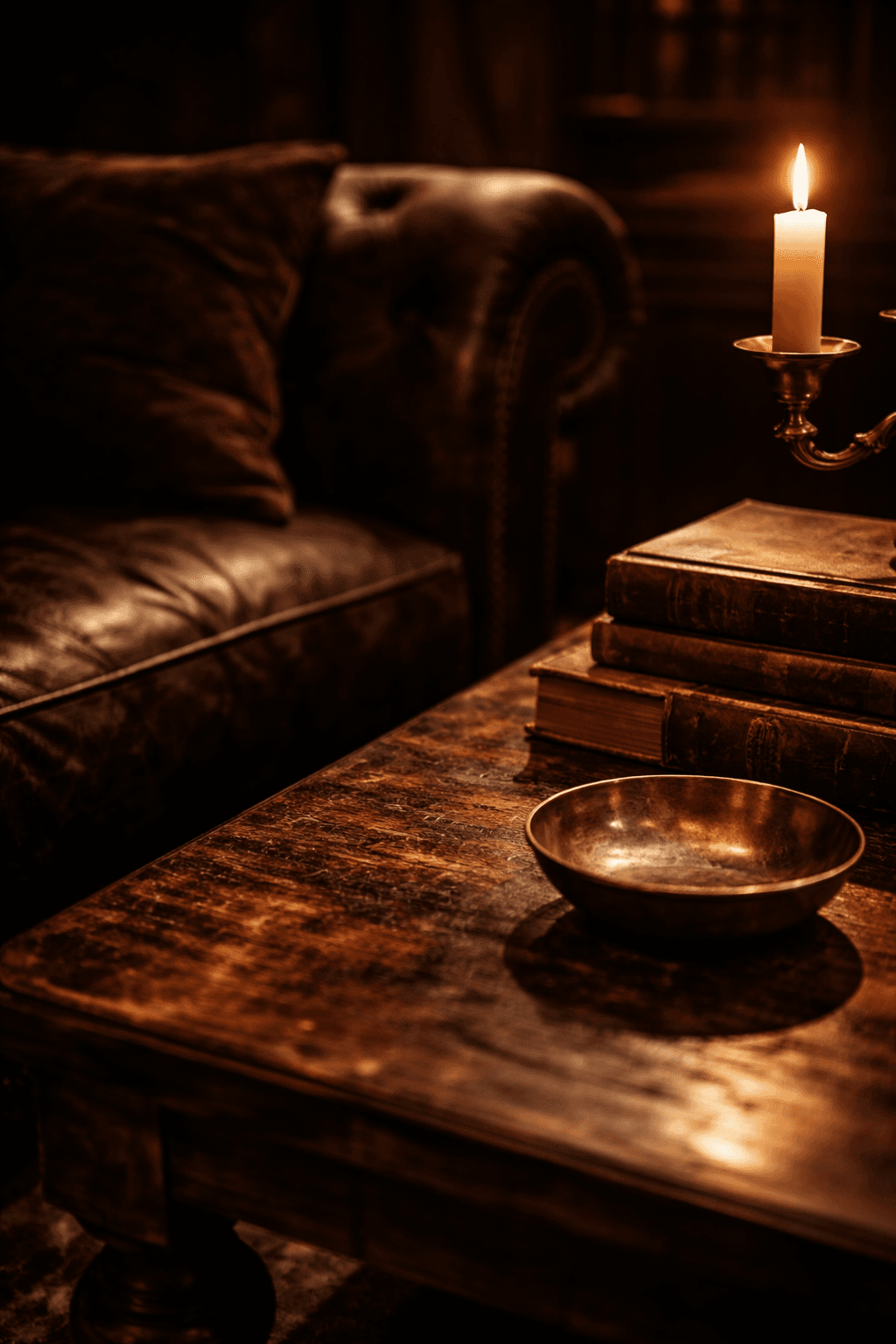 close-up of velvet fabric, aged wood, and brass objects in a gothic interior