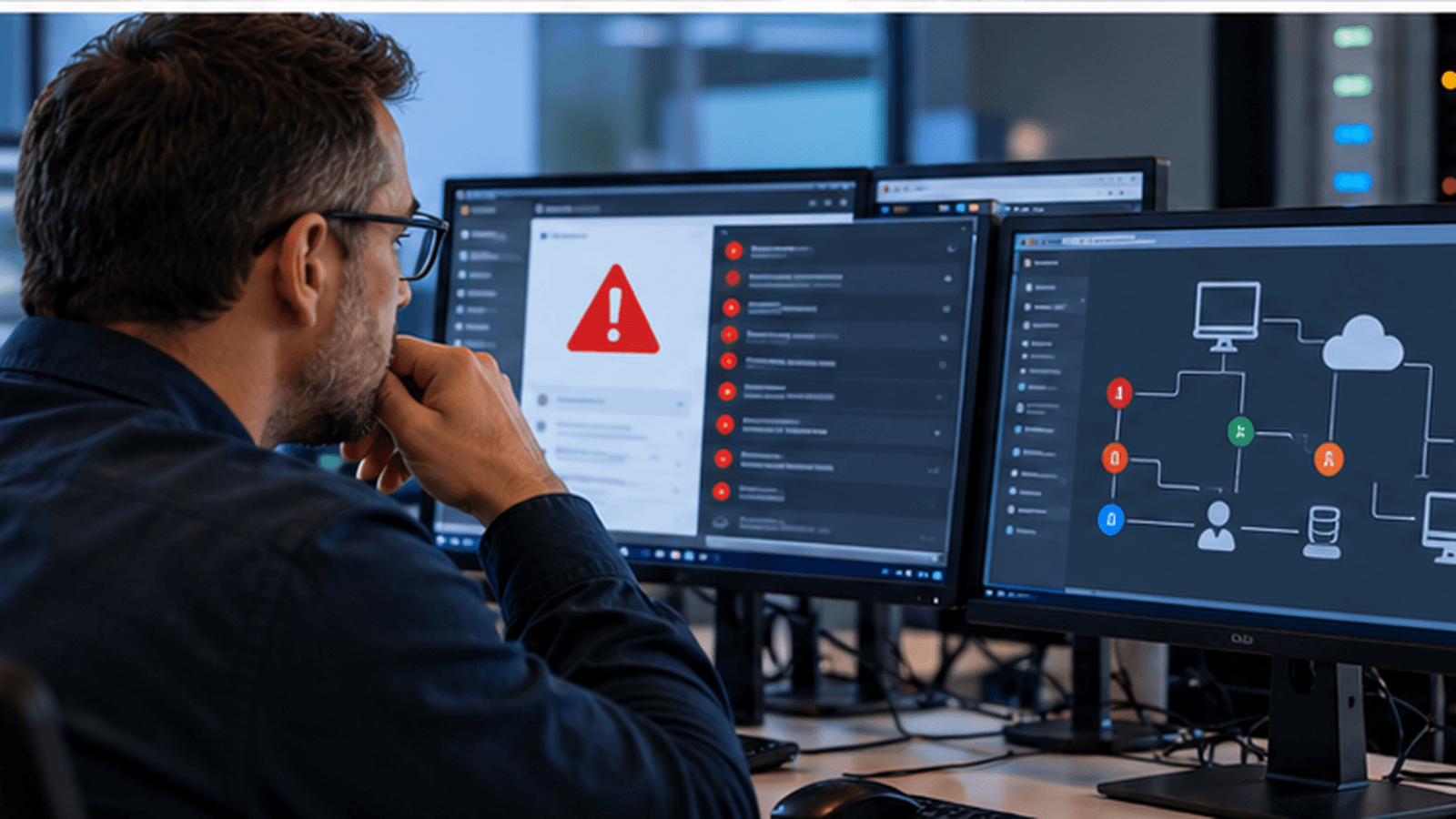 IT professional investigating security alerts across multiple monitoring dashboards and business systems. IT professional investigating security alerts across multiple monitoring dashboards and business systems.