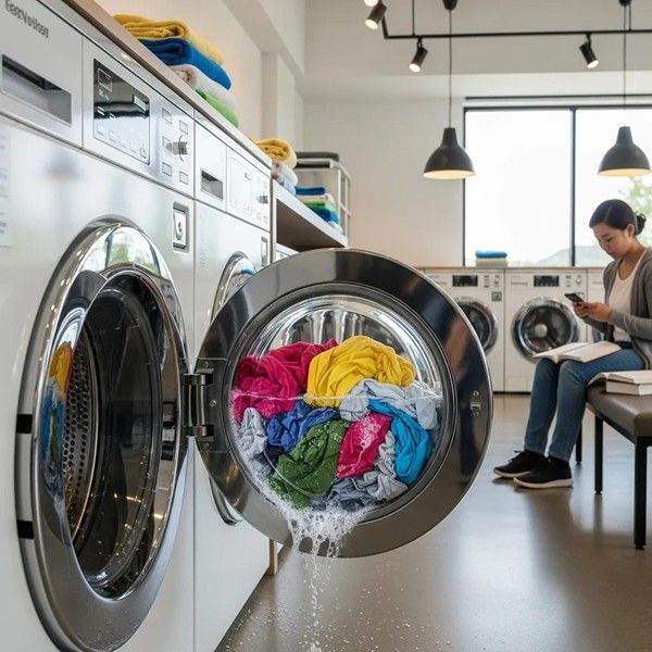 High-efficiency washer in a modern laundromat, illustrating benefits for students with busy schedules