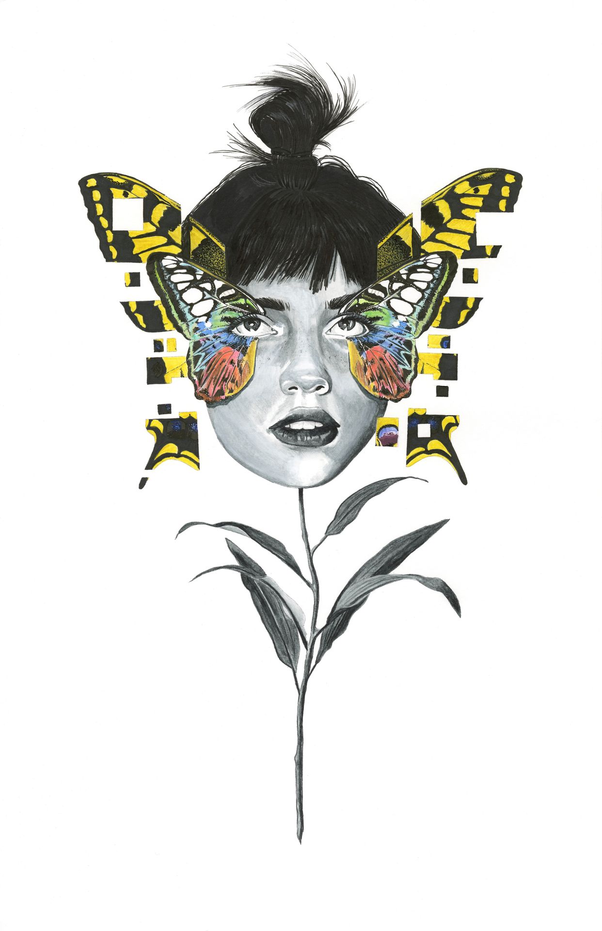 Watercolor and mixed media flowerfly figure by Jane the Stranger — female head with topknot as flower, large yellow and black patterned butterfly wings extending wide, corn leaf stem