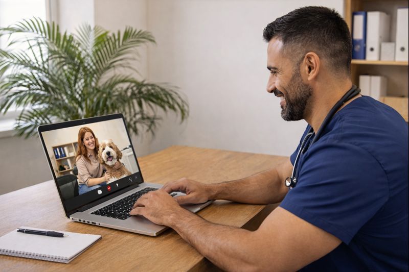 Veterinarian with happy client and doodle dog in a clinic setting