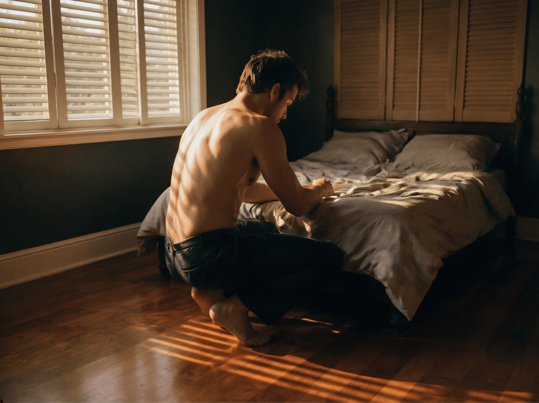 A shirtless young man kneeling in deep thought at the end of a bed in a warm sunlit room 