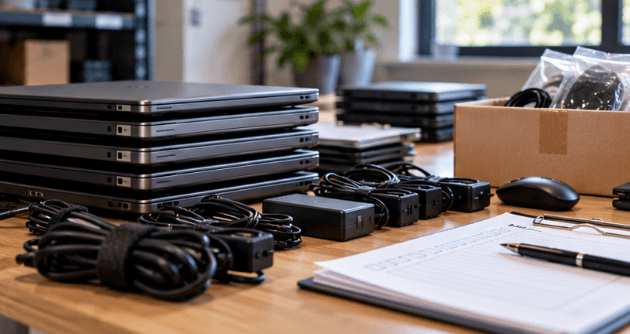 Organized laptops, accessories and maintenance notes prepared for an equipment review. Organized laptops, accessories and maintenance notes prepared for an equipment review.